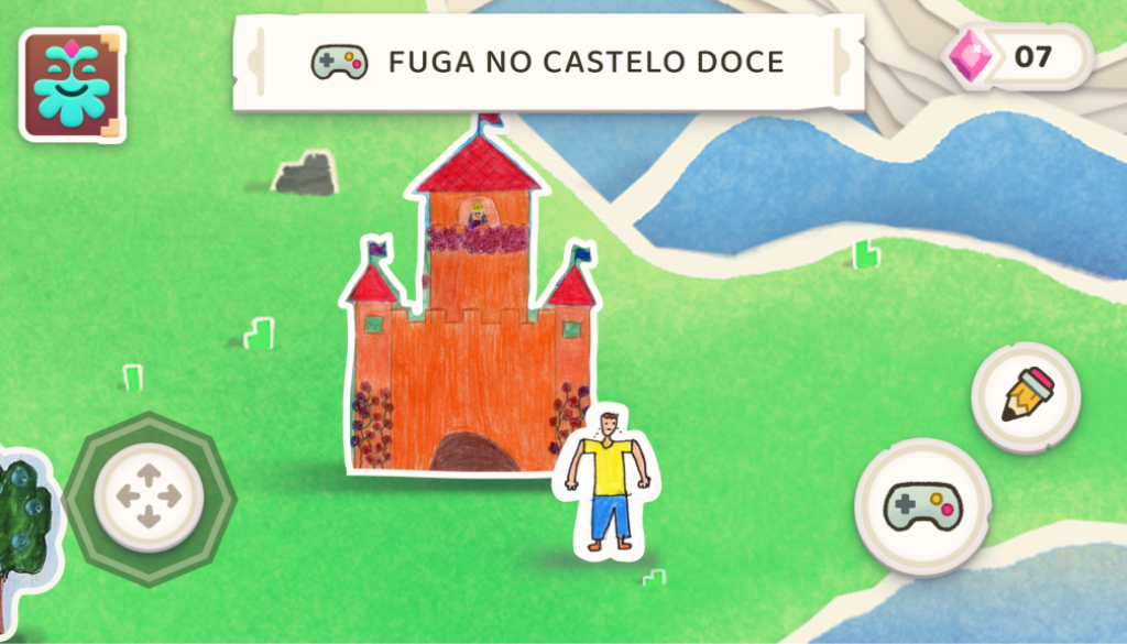Imagem de um castelo, um personagem, lápis, controle de video-game e título "Fuga no castelo doce", no Magic Land