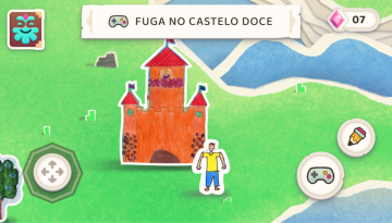Imagem de um castelo, um personagem, lápis, controle de video-game e título "Fuga no castelo doce", no Magic Land