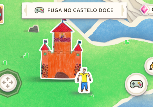 Imagem de um castelo, um personagem, lápis, controle de video-game e título "Fuga no castelo doce", no Magic Land